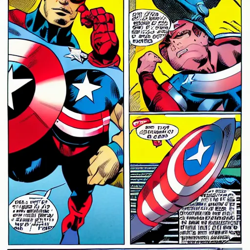 Image similar to John Cena wearing captain America's uniform, in a Marvel Comic Book