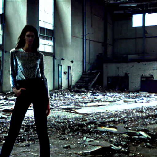 Prompt: runaway beautiful supermodel replicant standing in a dirty abandoned factory, still from closed circuit tv footage, high angle