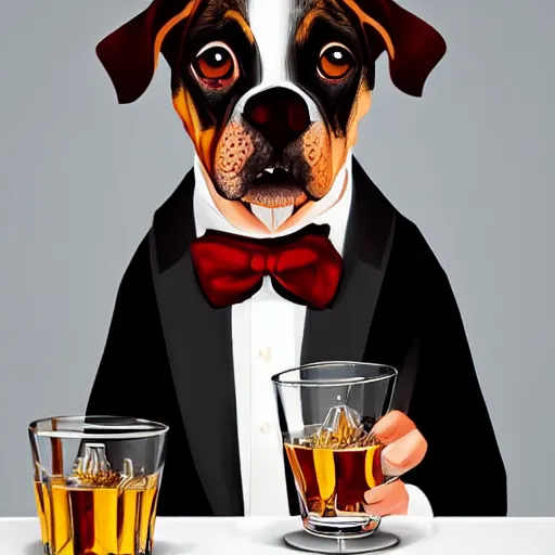 Image similar to a beautiful illustration painting of a dog in a tuxedo drinking whiskey by rutkowski featured on artstation, studio lighting, photorealistic digital art