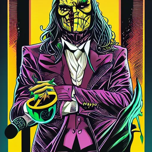 Prompt: two face with long hair, batman villian. Artwork by Dan Mumford