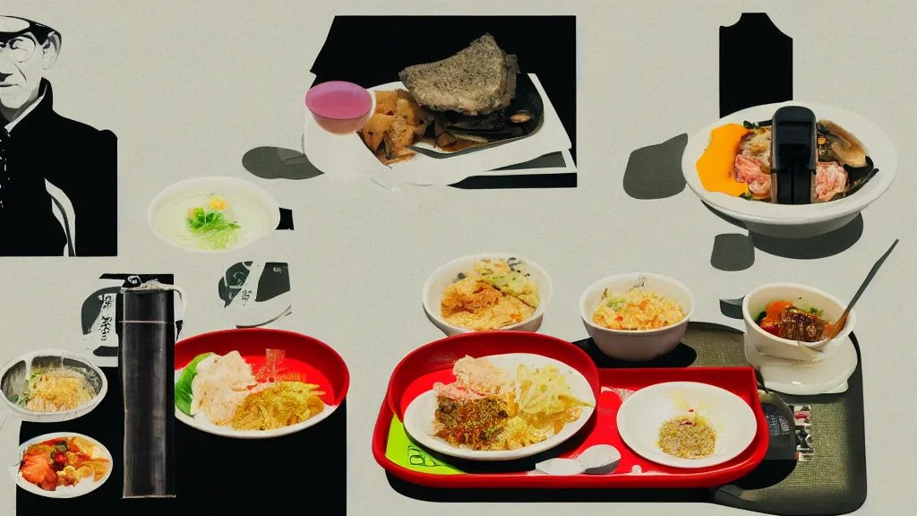 Image similar to tourist's meal on the bullet train, rural japan, a collage painting, in the style of wes anderson, lola dupre, david hockney, isolated on negative white space background dark monochrome neon spraypaint accents volumetric octane render