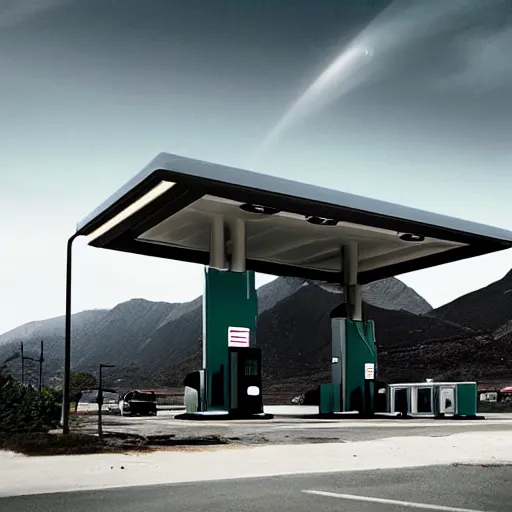 Image similar to a futuristic fuel station in the style of reuben wu, roger deakins, h 1 0 2 4