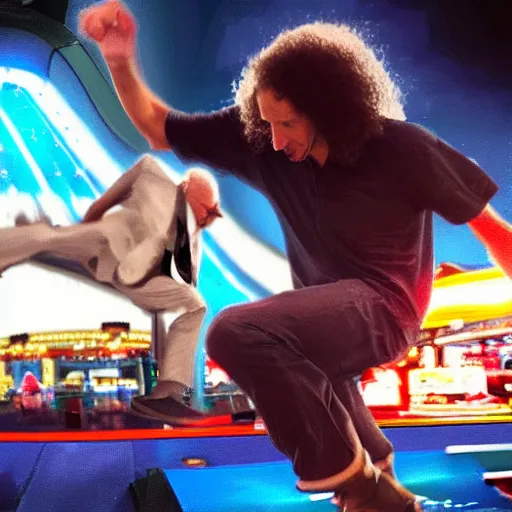 Prompt: kenny g doing a kickflip over patrick stewart at dave & busters, epic, cinematic, realism, ultra detailed, 8 k