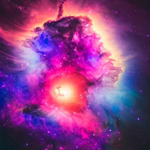 Image similar to modern double exposure monochrome spacesuit over a brilliant iridescent nebula. orange, pink, purple color ombre.