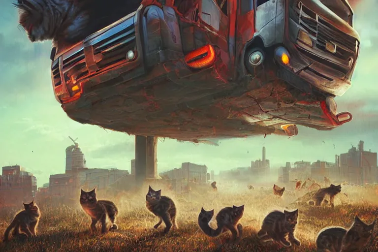 Image similar to cats defending themselves from horde of zombies on a red minivan, sci fi, art by mike winkelmann, trending on cgsociety, retrofuturism, darksynth, sci - fi