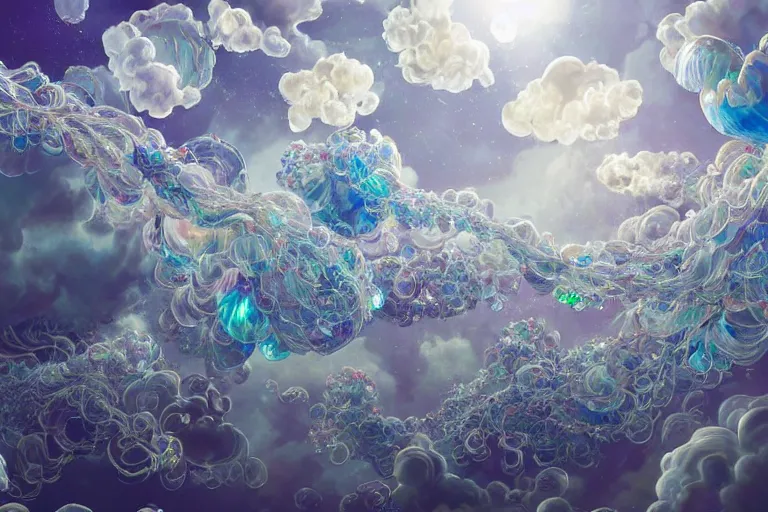 Prompt: simplicity, a huge flock of many ornate translucent puffy filigreed clouds tangled into large whirling ultra detailed crystal specimens, mission arts environment, playful, award winning art, epic dreamlike fantasy landscape, ultra realistic,
