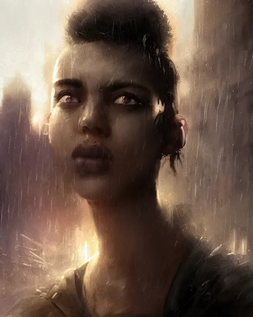 Image similar to battle hardened charismatic, rigged jayden steward, soldier in a desert, face centered portrait, confident, ruined cityscape, zombies, fog, rain, volumetric lighting, soft light particles floating near her, illustration, perfectly shaded, soft painting, art by krenz cushart and wenjun lin