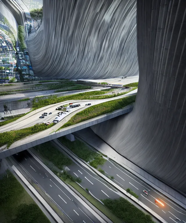 Prompt: denis villeneuve establishing shot of modern bjarke ingels condo building and gotthard tunnel entrance combined, roads tunnel under bjarke ingels condo building, lush environment, water, sunset raked lighting, scifi artstation digital concept art, unreal engine, hyper realism, realistic shading, cinematic composition, wide shot