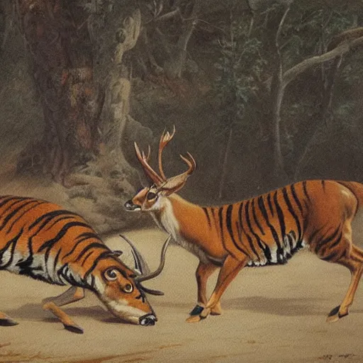 Image similar to a painting of deer and tiger facing each other, their heads bowed towards ground by koson ohara