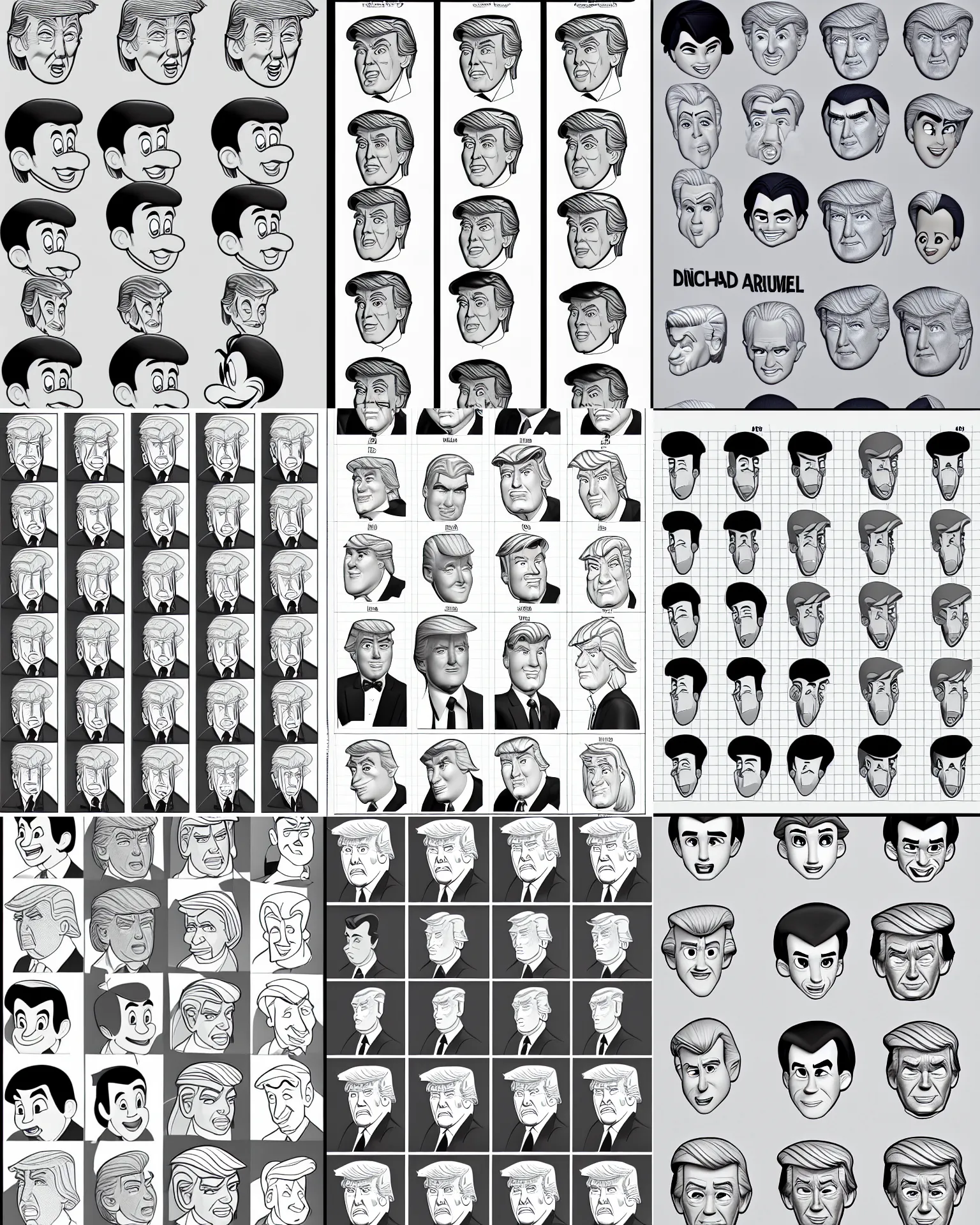 Prompt: !pencil, 2d disney! donald trump detailed close up head expression angles portrait disney animation flat grayscale model sheet