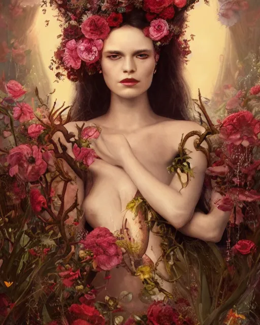 Image similar to portrait of the redskin queen of the underworld, surrounded by flowers by karol bak, james jean, tom bagshaw, rococo, sharp focus, trending on artstation, cinematic lighting, hyper realism, octane render, 8 k, hyper detailed.