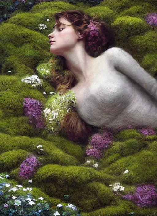 Image similar to digital _ painting _ of _ a woman on a bed of moss and flowers _ by _ filipe _ pagliuso _ and _ justin _ gerard _ symmetric _ fantasy _ highly _ detailed _ realistic _ intricate _ port