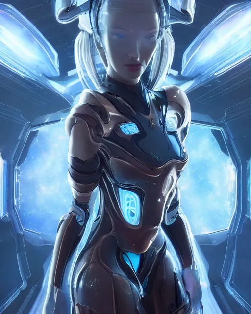 Image similar to photo of a android girl on a mothership, warframe armor, beautiful face, scifi, nebula, futuristic background, galaxy, raytracing, dreamy, focused, sparks of light, pure, long white hair, blue cyborg eyes, glowing, 8 k high definition, insanely detailed, intricate, innocent, art by akihiko yoshida, li zixin, woo kim