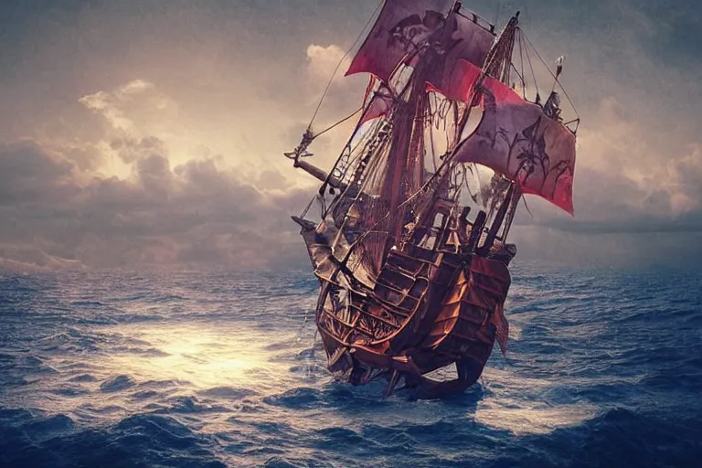 Prompt: epic pirate ship, in the style of vernon grant and chris van allsburg, trending on artstation, bright tilt - shift camcorder effect, photoshop, retrowave, hyperrealism, bauhaus