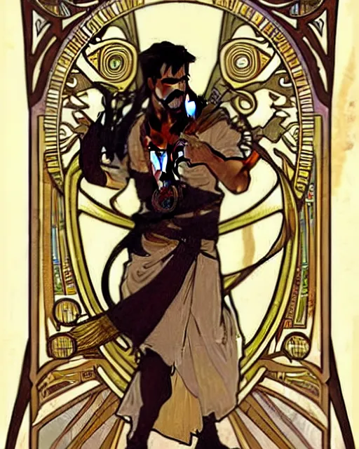 Image similar to fantasy concept art by alphonse mucha depicting colin farrell as an ancient egyptian rogue walking through a busy egyptian market