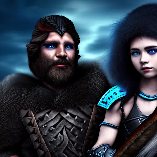 Prompt: a male DND barbarian wearing leather armor and fur holding a small blue-skinned Triton girl with black hair, high resolution film still, 4k, HDR colors, a dnd Triton girl with blue skin and messy black hair