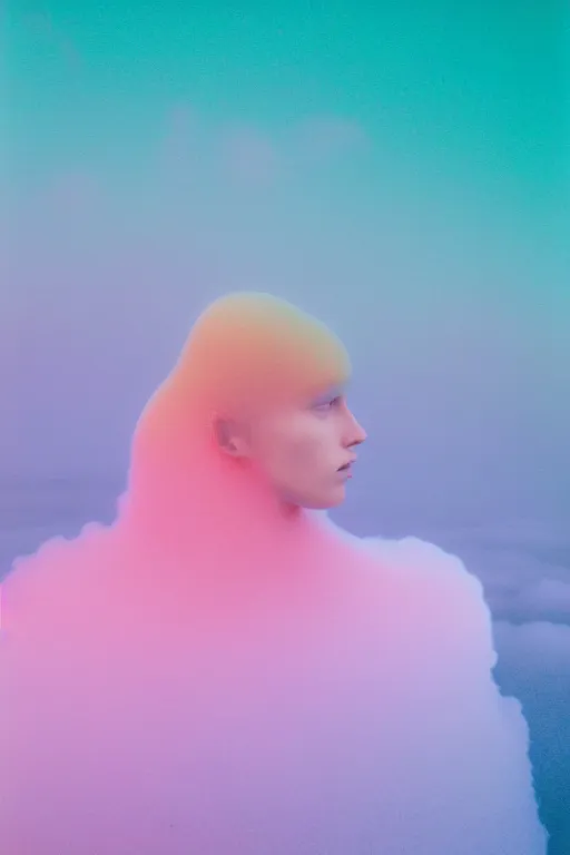 Image similar to high quality pastel coloured film close up wide angle photograph of a model wearing clothing swimming on cloud furniture in a icelandic black rock!! environment in a partially haze filled dreamstate world. three point light, rainbow. photographic production. art directed. pastel colours. volumetric clouds. pastel gradient overlay. waves glitch artefacts. extreme facial clarity. 8 k. filmic.