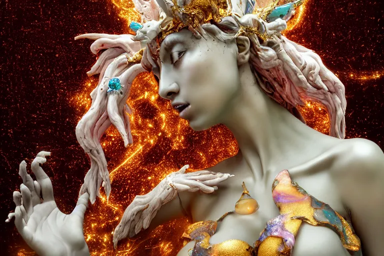 Image similar to Cinestill of A heartbreaking realistic 8k Bernini Sculpture of a stunning intricate cracked multicolored milky cosmic marble Evangelion Fallen Angel Devil Queen adorned in sentient mycelium mystical jewelry and ancient Empress crown and misty xparticles. by Yoshitaka Amano, Daytoner, Greg Tocchini, Scattered golden flakes, Hyperrealism. Subsurface scattering. Octane Render. Weirdcore, perfect face