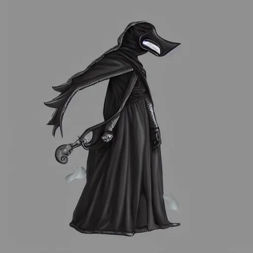 Image similar to female plague doctor donning a black hood, gown, and a white crow mask, trending on artstation