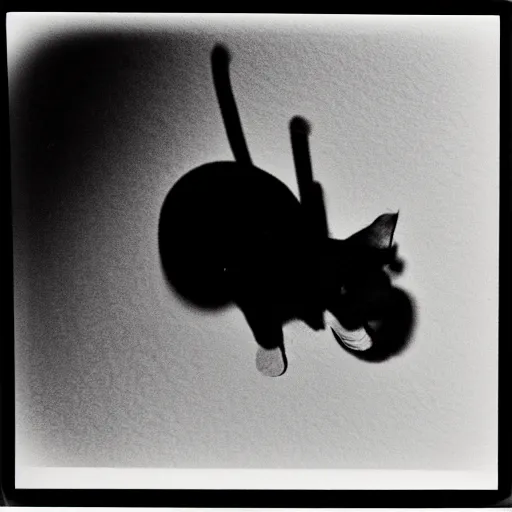 Prompt: wide - shot low - angle ant's eye view of cat shadow on the wall, polaroid photo, by andy warhol