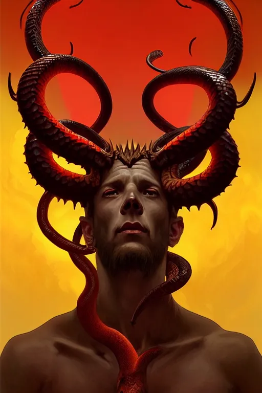 Image similar to portrait of a beautiful young fit male demon with ram horns, scaly snake like body, hellish scene, by greg rutkowski and alphonse mucha, d & d character, gradient red to yellow, in front of an hellish landscape background, highly detailed portrait, digital painting, artstation, concept art, smooth, sharp focus ilustration, artstation hq