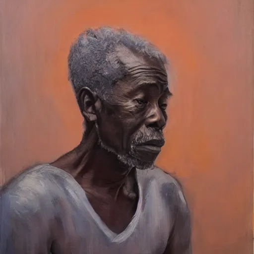 Image similar to a painting of a elder African man by Lynette Yiadom-Boakye . dramatic angle, ethereal lights, details, smooth, sharp focus, illustration, realistic, cinematic, artstation, award winning, rgb , unreal engine, octane render, cinematic light, macro, depth of field, blur, red light and clouds from the back, highly detailed epic cinematic concept art CG render made in Maya, Blender and Photoshop, octane render, excellent composition, dynamic dramatic cinematic lighting, aesthetic, very inspirational, arthouse.