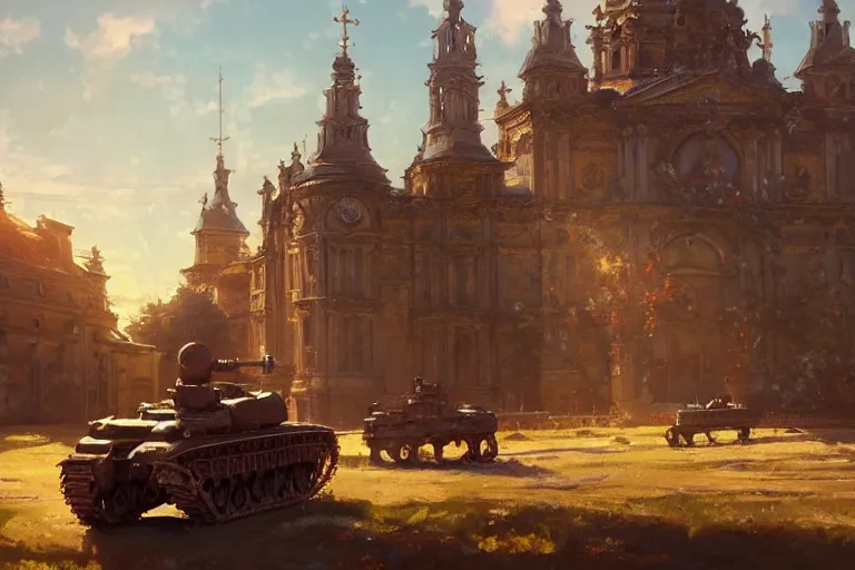 Prompt: an ornate baroque church with tank chains, scene in an open field. key visual, conceptart, ambient lighting, highly detailed, digital painting, artstation, concept art, sharp focus, by makoto shinkai and akihiko yoshida and greg manchess