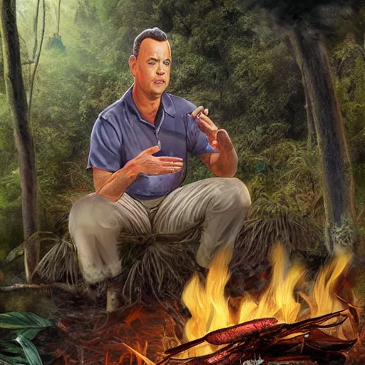 Image similar to Tom Hanks as forrest raosting a giant shrimp over a campfire in the jungle, realistic digital painting, in the style of Aleksi Briclot, photoreailstic, realistic face, amazing detail, sharp