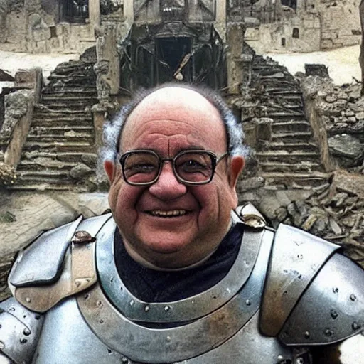 Image similar to last selfie taken by, a tolkien dwarf, resembling Danny Devito wearing metal Armour that is smiling, in combat, apocalyptic, smoldering ruins