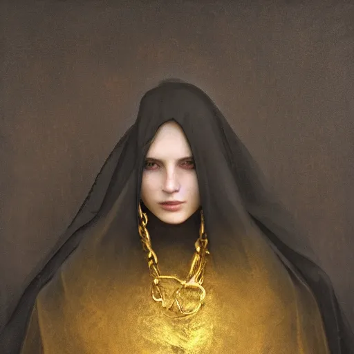 Image similar to a portrait of a young woman wearing a long dark cloak, hood and shadows covering face, holding golden chains, oil painting, matte painting, black background, Volumetric Golden dappled dynamic lighting, Highly Detailed, Cinematic Lighting, Unreal Engine, 8k, HD, by Beksinski