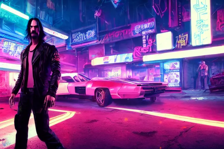 Image similar to Photo of Keanu Reeves on neon street in Cyberpunk 2077 Game, synthwave, artstation art, night, professional light