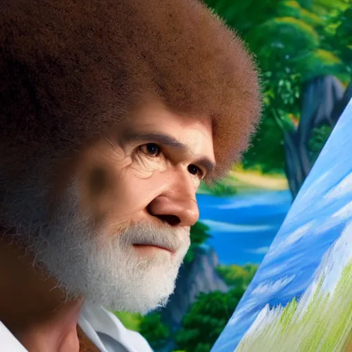 Image similar to a closeup photorealistic photograph of bob ross working on a canvas painting sonic the hedgehog. film still. brightly lit scene. mountain scape. this 4 k hd image is trending on artstation, featured on behance, well - rendered, extra crisp, features intricate detail, epic composition and the style of unreal engine.