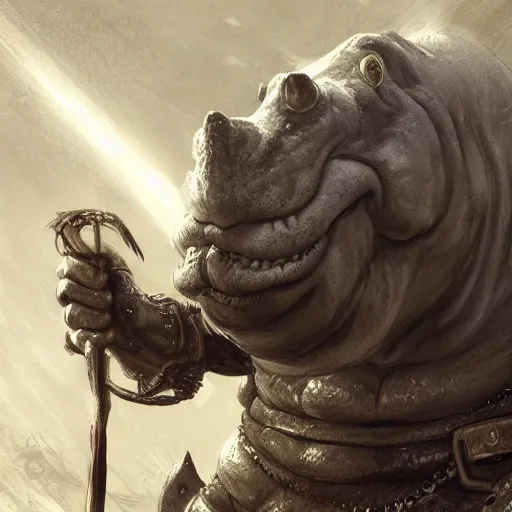 Prompt: Hippo, Anthropomorphized, as warlord general on skull throne, magic the gathering artwork, D&D, fantasy, cinematic lighting, centered, symmetrical, highly detailed, digital painting, artstation, concept art, smooth, sharp focus, illustration, volumetric lighting, epic Composition, 8k, art by Akihiko Yoshida and Greg Rutkowski and Craig Mullins, heroic pose, oil painting, cgsociety, Battlefield background, explosions, arrows