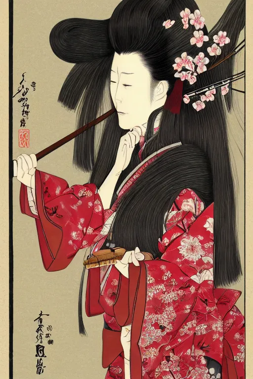 Prompt: portrait of a long haired woman wearing a red kimono playing a biwa in traditional japanese house, feudal japan, delicate, detailed long black hair, detailed flower pattern kimono, elegant, anime key visual, fukaya yuichiro