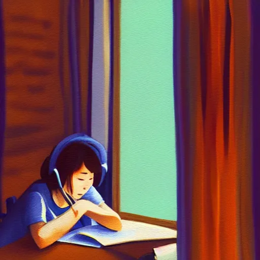 Prompt: An expressive Lo-fi style painting of a Korean girl sat writing in a journal while wearing headphones illuminated by a desk lamp and neon lights, in the background is a window overlooking a rainy night-time city, with a cat resting on the window cill, a relaxed and dreamy atmosphere, highly atmospheric with dynamic lighting, highly detailed, 8K