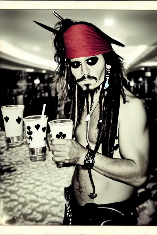 Prompt: Jack Sparrow in a casino, piña colada, realistic photograph, polaroid, film