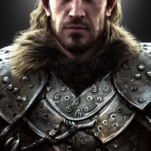 Image similar to hyperrealistic mixed media image of jarl from skyrim, stunning 3 d render inspired art by greg rutkowski and xiang duan and thomas eakes, perfect facial symmetry, flesh texture, realistic, highly detailed attributes and atmosphere, dim volumetric cinematic lighting, 8 k octane detailed render, post - processing, masterpiece,