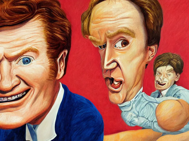 Prompt: Close-up portrait of Conan O'Brien , painting by Paula Rego, high detail, high resolution