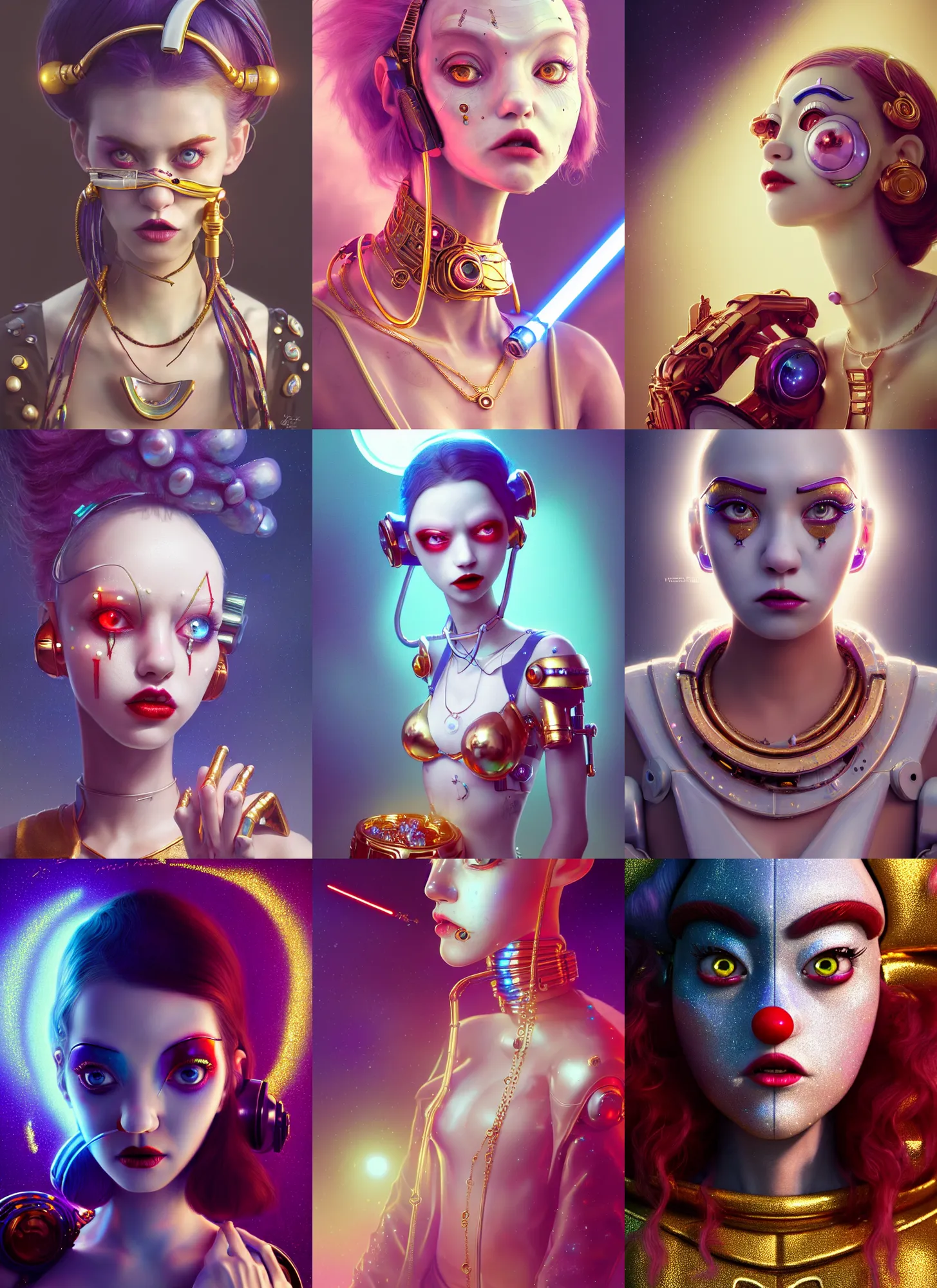 Prompt: pixar 8 k photo, beautiful shiny white porcelain rich grand pearlescent alt scene edc star wars clowncore cyborg college girl, rapper jewelry, golden ratio, sci fi, fantasy, cyberpunk, intricate, decadent, highly detailed, digital painting, octane render, artstation, concept art, smooth, sharp focus, illustration, art by loish, wlop