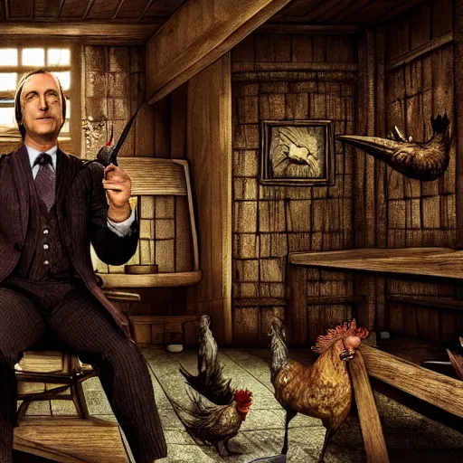 Image similar to saul goodman and a rooster in a medieval torture chamber, saw blades and knives in the background, horror movie, saul goodman, rooster, real life photo, detailed face