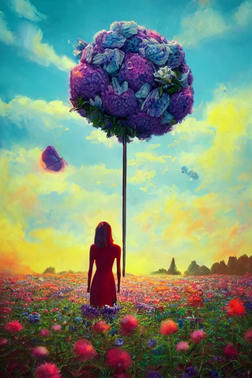 Image similar to closeup, giant flower head, girl in suit standing in a field of flowers, surreal photography, sunrise, blue sky, dramatic light, impressionist painting, digital painting, artstation, simon stalenhag