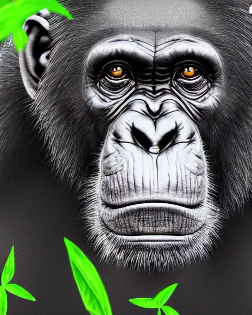 Prompt: very detailed high resolution illustration portrait of a chimpanzee, rolling green hills, 3 d, 8 k, extremely detailed, artstation