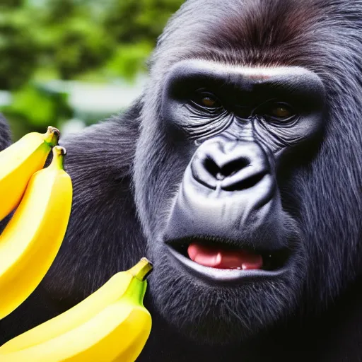 Image similar to big gorilla with human face maneating eating bananas in the hood, 8k resolution, full HD, cinematic lighting, award winning, anatomically correct