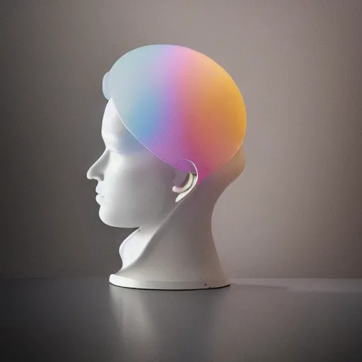 Image similar to an ultra high definition professional studio quality photograph of a transparent iridescent perspex pastel coloured head dress on a white coat hook in an empty white room. dramatic lighting, ray tracing, refraction, shallow d. o. f, colour corrected, golden ratio, three point light. volumetric shadows..