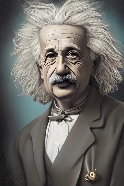 Prompt: intricate color portrait of albert einstein in the style of tom bagshaw, soft smooth skin, 8 k octane beautifully detailed render