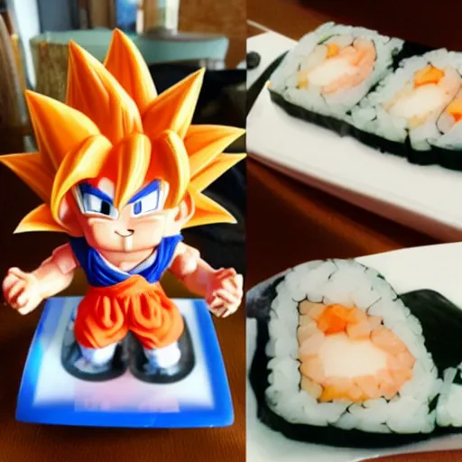 Image similar to goku translucent clear hair dressed up as a sushi