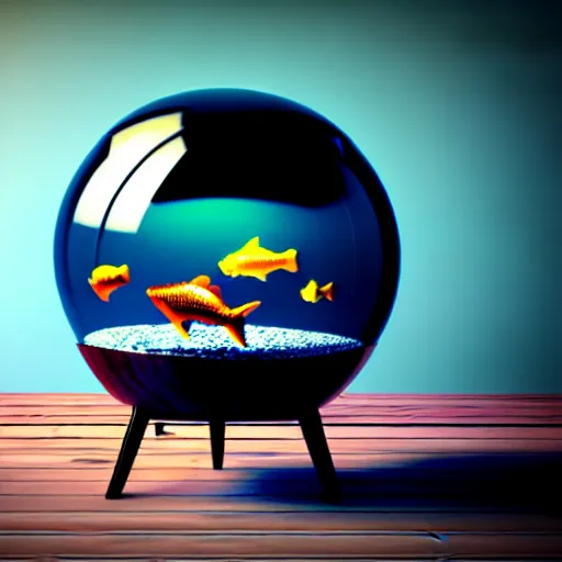 Image similar to a fish bowl with mecha legs, walking on a wooden table, photorealistic 3 d octane render, unreal engine