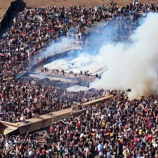 Image similar to Crowd cheering in packed amphitheater, on the stage is a large burning dumpster fire. Amphitheater represents humanity on earth