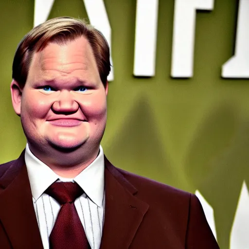 Prompt: Andy Richter is wearing a chocolate brown suit and necktie. He is waking up in his bed on a new bright morning, stretching his arms and his mouth is wide open with a yawn