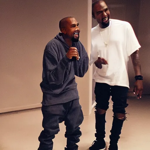 Image similar to Kanye East telling Kanye West jokes, both laughing and having a good time